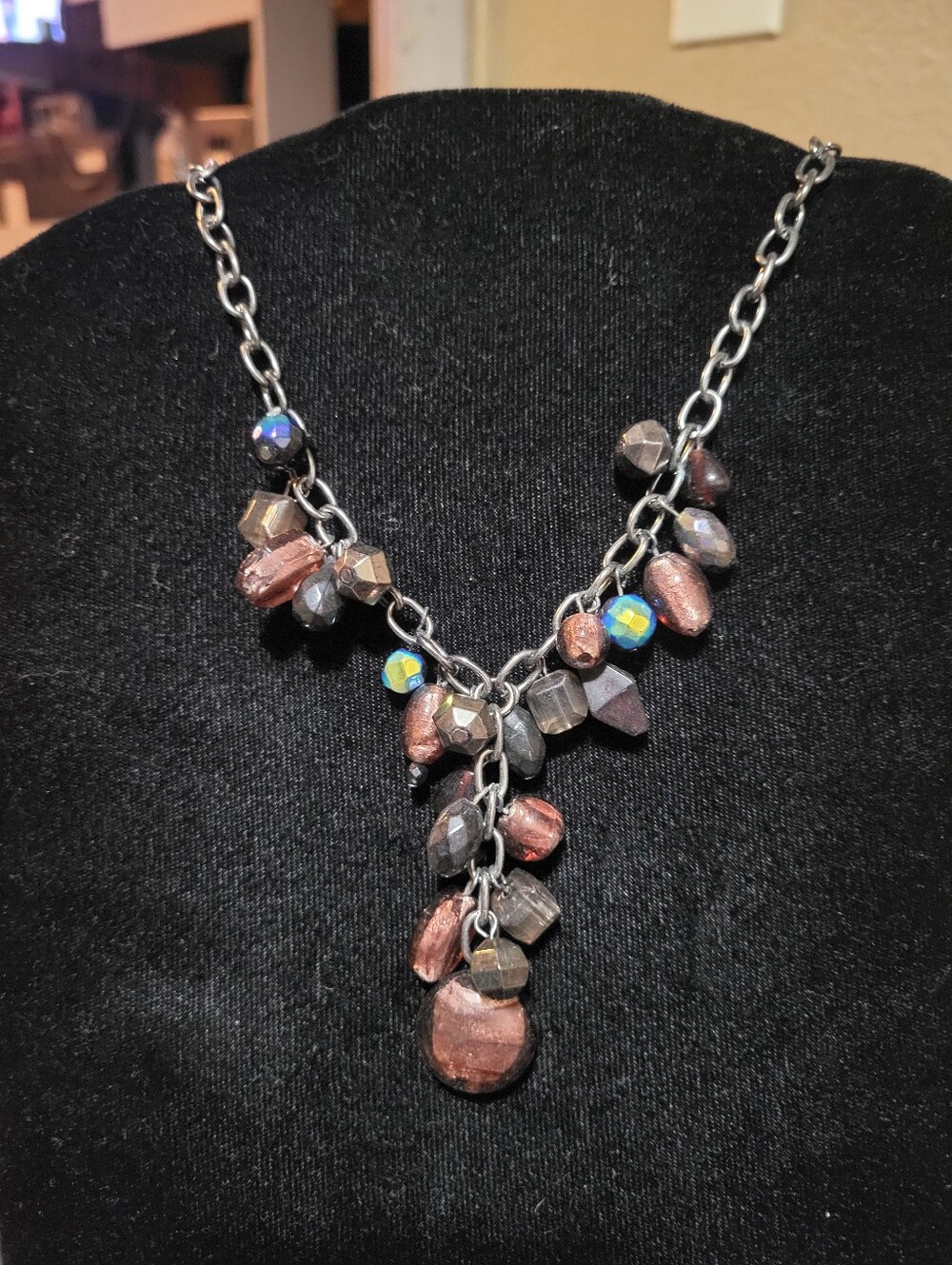 Avenue Beaded Cluster Statement Necklace Copper Smoky Grey Y-Drop Chic Evening